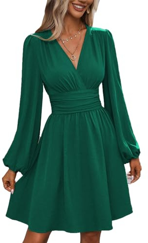 UUAISSO Vestito Casual da Donna Manica Lunga Vita Alta A Line Abiti Avvolgenti Scollo a V Midi Dress Verde L