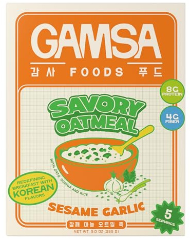 Gamsa Savory Instant Oatmeal - Sesame Garlic, Premium Instant Korean-Inspired Hot Cereal with Sesame & Garlic, Nourishing & Satisfying Breakfast, Meal or Snack, Low Sugar, 5-Pack