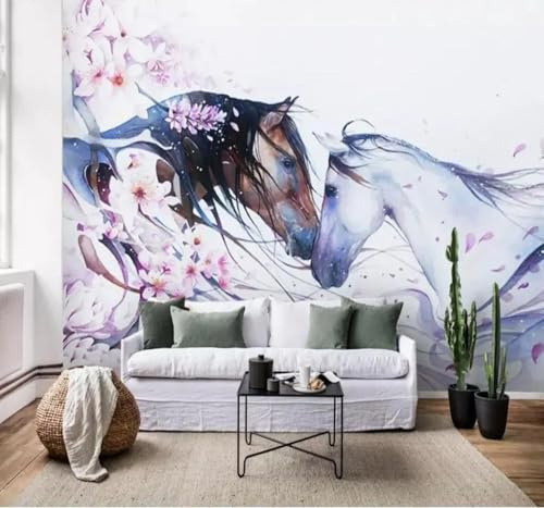 Tzxztt Personalizzato Minimalista Disegnato A Mano Cavallo Fiori Di Pesco Arte Moderna Carta Da Parati 3D Seta Pregiata Testurizzata Ideale Per La Camera Letto Del Soggiorno-200cm×140cm