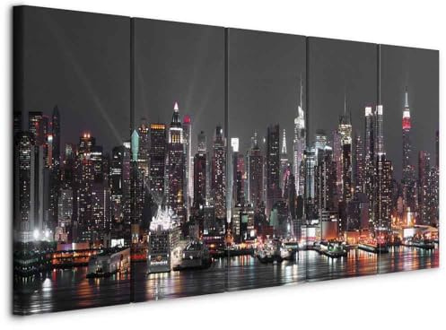 B&D XXL - Leinwandbild Skyline NYC Stadt, 200x80 cm, 5-teilig, Schlafzimmer | Hochwertige Leinwand, sofort aufhängbar, ideal fürs Wohn- oder Schlafzimmer, wasserfest und lichtecht, langlebig, stilvoll