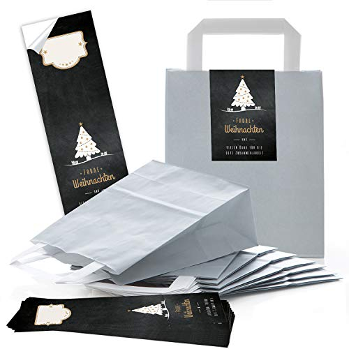 Logbuch-Verlag 50 Weihnachtstüten Geschenktaschen Weihnachten als Verpackung für Kunden & Mitarbeiter - mit Weihnachtsaufkleber grau schwarz 18 x 8 x 22 cm