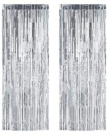 Relaxdays Partyvorhänge 2er Set, Partydeko für Geburstag & Hochzeit, Metallic, Fadenvorhang Glitzer, 100 x 250cm, silber