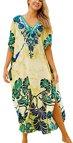 AiJump Femmes Cotton Caftan Grande Taille Robe Ethnique Boheme Kimono Plage Cover Ups Maillot de Bain,Vert 1,Taille Unique