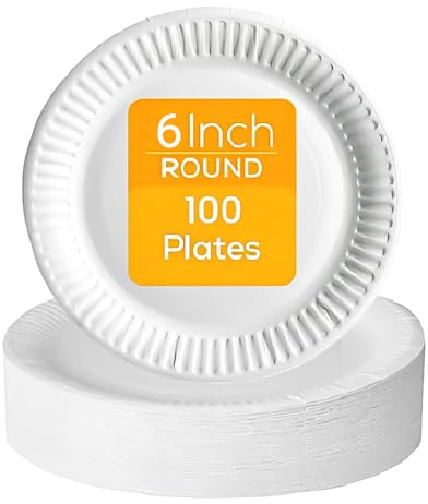 Venuscello® 100 x White Paper Plates 6 (15cm) Disposable Bagasse Dishes for Hot & Cold Food Ideal for Kids Parties Wedding Baby Shower Catering