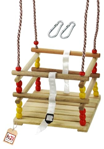 h2i Gitterschaukel aus naturbelassenem Holz | Babyschaukel mit Haltegurt & Verschluss | Kleinkindschaukel ab 12 Monate | Schaukel für Outdoor & Indoor