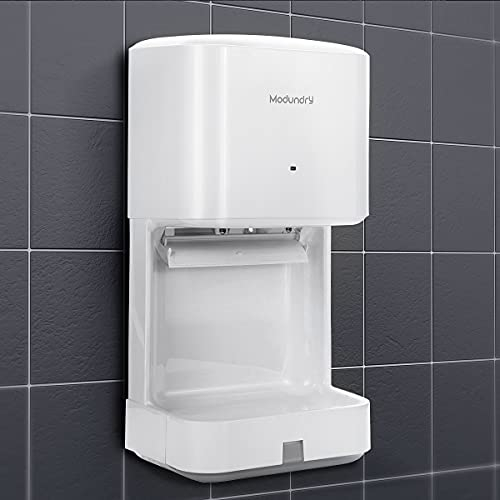 Modundry Automatico Asciugamani ad Aria con Fotocellula e Vaschetta, a Parete, Elettrico Alta velocità Asciugatore Mani da Bagno Bianco, Commerciale e Famiglia