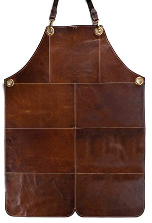 Angus Stoke Delantal de piel para hombre, delantal para barbacoa y delantal de cocina de piel auténtica, parches vintage - Lenny (L/XL)