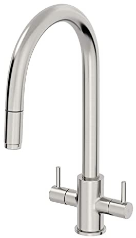 SÄUBER® Thun Kitchen Sink Mixer Tap Pull Out Single Spray Head Swivel Spout Brass Body Twin Dual Lever for Sinks Taps Modern Round, Brushed Nickel