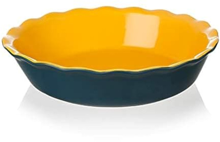 Sweejar Home Ceramic Pie Dishes for The Oven, Pie Pan for Baking, 26cm Round Baking Dish for Dinner, Non-Stick Pie Plate with Soft Wave Edge for Apple Pumpkin Pie, Pot Pies (Blue & Yellow)