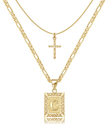 KELORIS PATH Gold Layered Initial Cross Necklace, 14K Gold Plated Layering Square Letter Pendant Figaro Chain Cross Choker from A-Z Capital Jewelry for Women(Letter C)