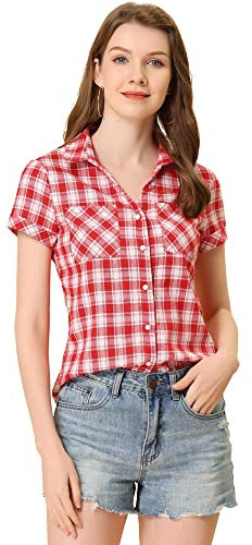 Allegra K Damen Kariertes Hemd Shirt Kariert Kurzarm Classic Oberteil mit Taschen Karo Bluse Rot-Weiss L