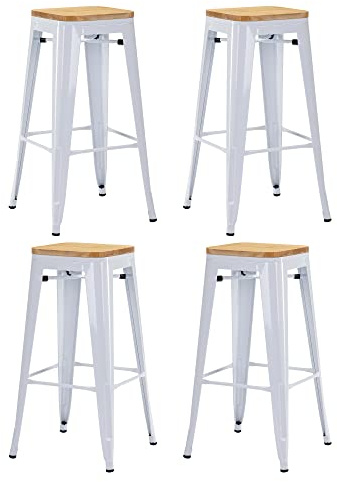 Duhome Sgabello Bar Industriale Esterno, Set di Sgabelli Bar Alto in Metallo, Impilabile Sgabelli da Pranzo, Scandinavian Sgabello Alta per Cucina, Pranzo, Pub, Moderni (Bianco +Legno, 76cm-4PCS)