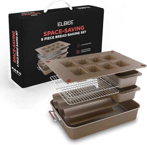Elbee Home 8-Piece Nonstick Space Saving Bread Baking Pan Set - Includes 1 x Large Roasting Pan 2 x Bread Loaf Pan 2 x Baguette Pan 2 x Cooling Rack & 1 x 8 Cavity Mini Loaf Pan PFOA & PFOS Free