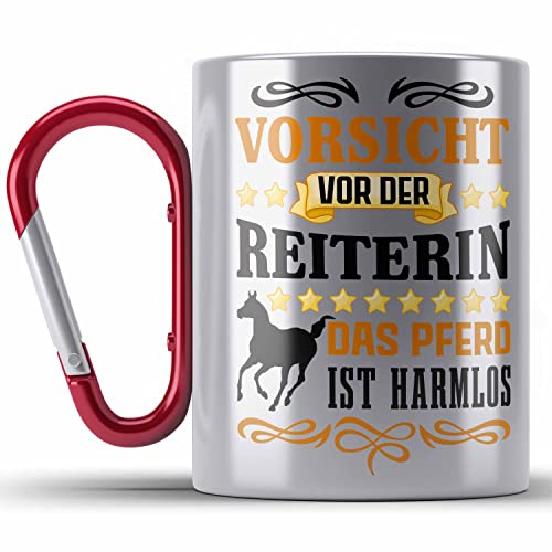Trendation - Reiterin Mädchen Pferde Geschenk Edelstahl Tasse Karabiner Reiten Reiterin Kinder Becher Spruch Lustig Geburtstag (Rot)