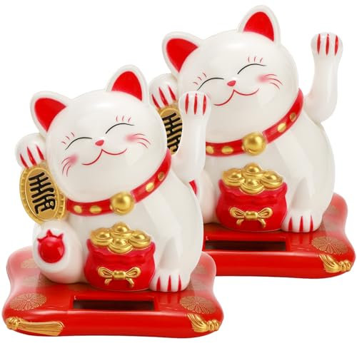 YOUEON 2 Pack Small Solar Waving Cat, Japanese Maneki Neko Cute Lucky Welcoming Decor for Home, Office, Car, Stores & Restaurants, White