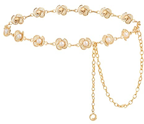 AWAYTR Waist Chains Belts for Women - Rhinestone Gold Silver Chain Belts for Dresses (Gold-Pearl Flower)