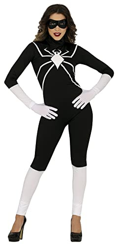 FIESTAS GUIRCA Schwarze Spinnen Heldin Kostüm – Schwarzer Overall und Superheldin Maske Halloween Kostüm Erwachsene Damen Größe 36-38 M