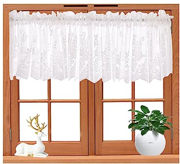 Colexy Short Window Curtains, Net Curtain, Bistro Curtain with Lace, Cafe Curtain with Rod Pocket, Kitchen Curtains for Cafe, Kitchen, Living Room and Decoration (1 Piece, 130 x 41 cm)