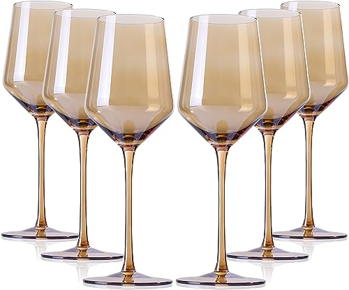 Juego de 6 copas de vino de color ámbar, copas de vino coloridas de cristal con tallo largo y borde fino, copas de vino blanco, copas de vino de color perfecto para los amantes del vino en cumpleaños,