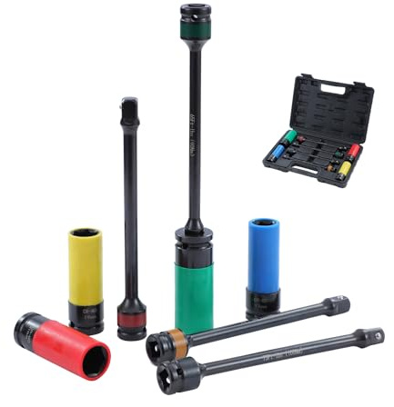 KATSU 8 Stück 1/2 Alu-Felgen Kraft-Stecknuss-Satz 17–22mm und 8 Zoll Verlängerungsstangen für Drehmoment Torsionsstab 90 bis 120 Nm, CR-MO, für Sicherheitssicherung Radmuttern