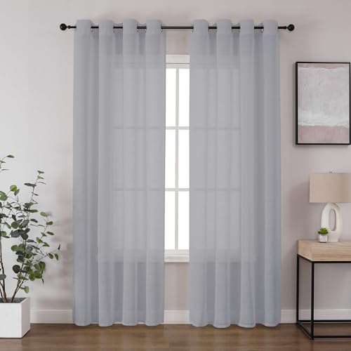 CUCRAF Leinen Voile Vorhänge mit Ösen Lichtfilterung Gardine für Schlafzimmer Wohnzimmer, Grau Blau, H225 x B140cm 2er Set