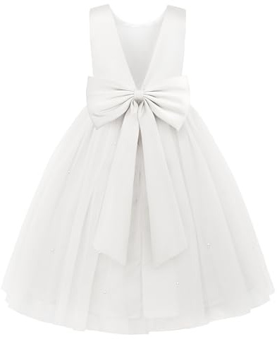 JerrisApparel Flower Girls Dress Wedding Satin Dresses Princess Birthday Party Prom Ball Gown (4T, White)