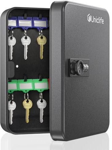 Uniclife 20 Position Key Cabinet with Combination Lock Resettable Black Digital Security Storage Box Steel Key Organizer with Colorful Key Tag Labels Stickers and Hooks | Resettable digital combination lock, wall mount security storage box for home, offices, schools and business use