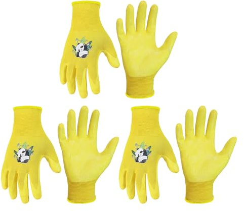HANDLANDY 3 Pairs Kids Gardening Gloves for Age 2-13, Toddler Children Garden Yard Work Outdoor Playing Gloves, Rubber Coating, for Girls Boys Youth (Yellow, Size 5, Age 8-10)