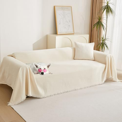 MYSKY HOME Couch Cover 3 Cushion Sofa with Tassel, Chenille Sofa Covers Couch Covers, Slipcovers for Sectional l Shaped Dogs Protector Furniture Covers, 91 X150, Beige