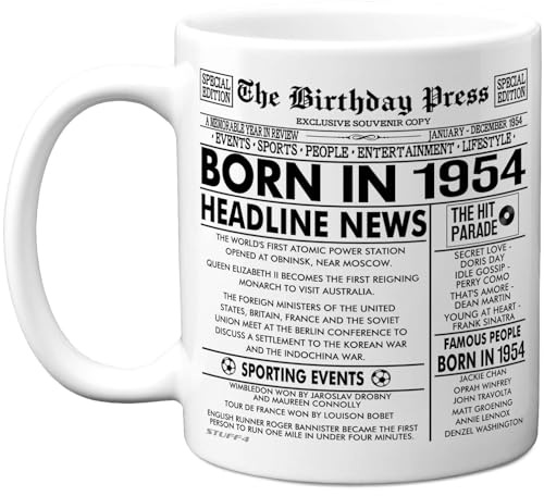 Stuff4 72nd Birthday Mug Gift for Women and Men, Born in 1954 Newspaper | Happy 72 Birthday Gifts for Grandad Grandma Nan Vintage Retro Back in 1954 Age 72 Bday, 11oz Ceramic Coffee Mugs
