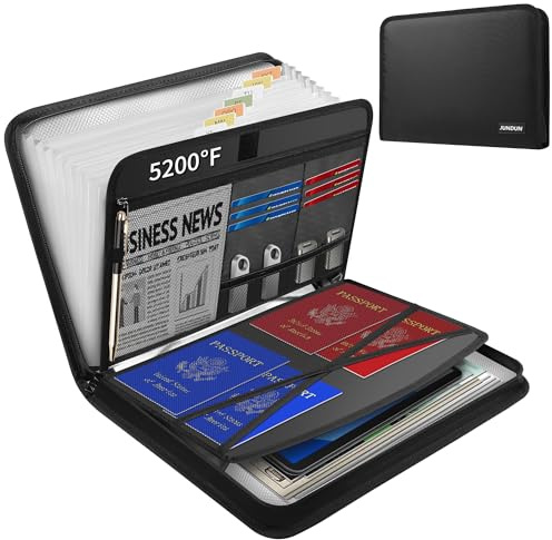 JUNDUN Dokumentmapp A4 – bärbar brandsäker fackmapp med dragkedja och etiketter – dokumentmapp med 12 fack och flera fack för A4-filer | kvitto med mera (Temperaturbeständighet 5 200 ℉, svart)