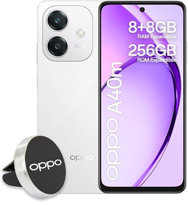 OPPO A40M Smartphone, Fotocamera AI 50MP, Selfie 5MP, Display 6.67” 90HZ LCD HD+, 5100mAh, RAM 16GB (8+8) +ROM 256GB (esp1TB), IP54, Supporto Auto [Versione Italia], Starlight White