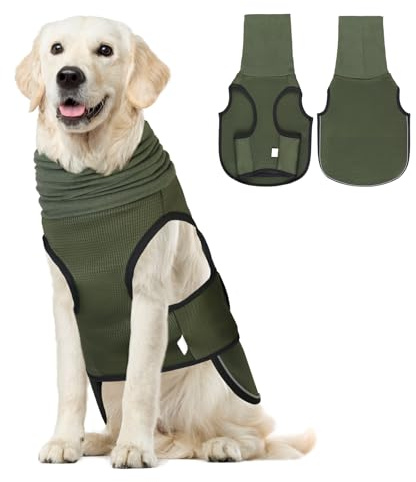 Weste zur Linderung von Angstzuständen für Hunde, mit Ohrenschützern, beruhigende Hunde-Angstjacke mit reflektierenden Streifen, Beruhigungsmantel, Rollkragen für Lärm und Stressabbau (Grün, L)