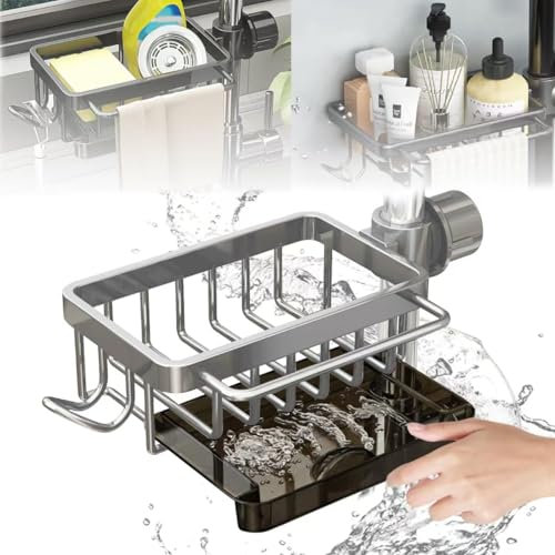 Fonyiunce Spülbecken Organizer, Schwammhalter Küche, Küchenspüle-Wasserhahn-Organizer, mit Abnehmbarer Abflusspfanne, Hängendes küchenzubehör, Duschregal Ohne Bohren für Waschraum