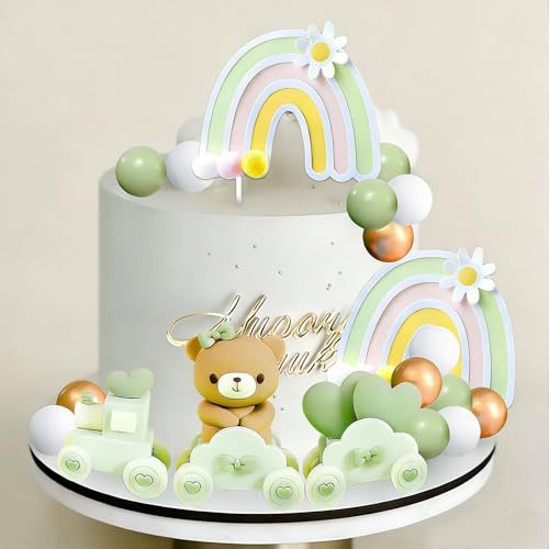 JeVenis Sage Green and Beige Brown Bear Cake Topper with Balls - Baby Shower Birthday Decoration