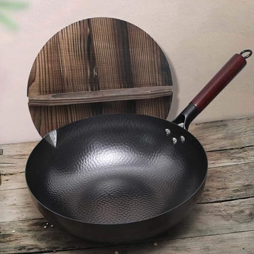 OOMRNV Sartén Wok de Hierro Fundido, Sartenes para Saltear con Tapa Woks Antiadherentes, Sartén Wok Grande de 12.5 Pulgadas Martillada a Mano Wok Tradicional Chino, para Cocinas Eléctricas, de Indu