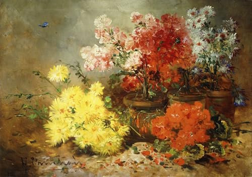 ZHAOSHAN klassischer Moderne Kunst Wandbild Poster Kunstdrucke Gänseblümchen Begonien und andere Blumen in Töpfen von Eugene Henri Cauchois Poster Bilder Leinwand für Wanddekoration 60x90cm