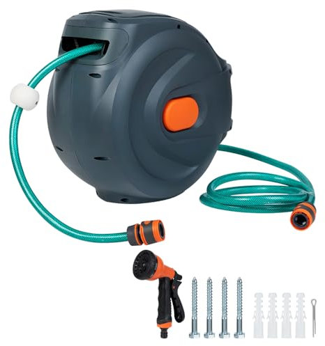 Panana 20m Retractable Hose Reel, Portable Wall-Mounted Plastic Garden Reel with 9 Function Spray Nozzle, 180°Swivel, Auto Lock and Auto Rewind, Long Reach, Outdoor Watering Grey