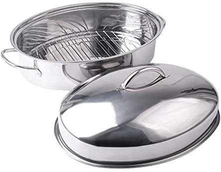 SHENJIA Stainless Steel Oval Roaster Pan, Serving Platter Cookie Trays Dish, Dishwasher & Oven use, Covered Turkey Roasting Pan for Cooking Chicken, Fish, Lasagna