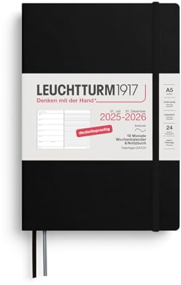 LEUCHTTURM1917 372621 veckokalender och anteckningsbok medium (A5) 2026, 18 månader 07.2025-12.2026, mjukt skydd, svart, tyska