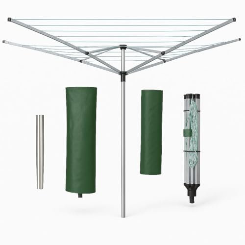 RANRHA 60M Heavy Duty Rotary Clothesline – 240cm Drying Space, 360° Rotating Outdoor Laundry Airer with Ground Spike & Cover – Foldable, Weather-Resistant, Easy Installation