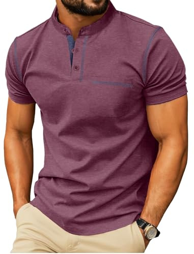 PrinStory Henley Shirt Herren Kurzarm Baumwoll T-Shirts Sommer Casual Tshirt Bequem Atmungsaktiv Oberteile Mit Brusttaschen (Vg Rot, M)