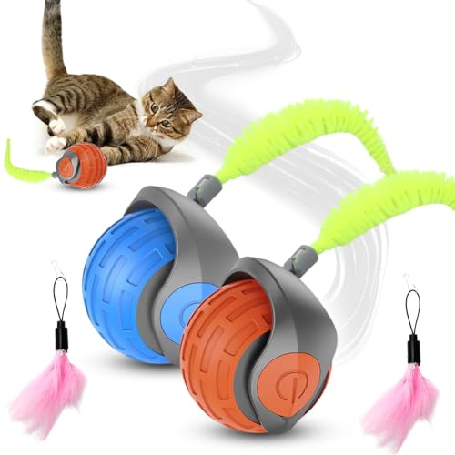 Fouvin Speedy Tail 2.0, 2 st kattleksaker med snabbsvans interaktiva för inomhuskatter, automatiska rörliga kattbollar, USB-uppladdningsbar husdjursleksaksboll med ersättningssvans