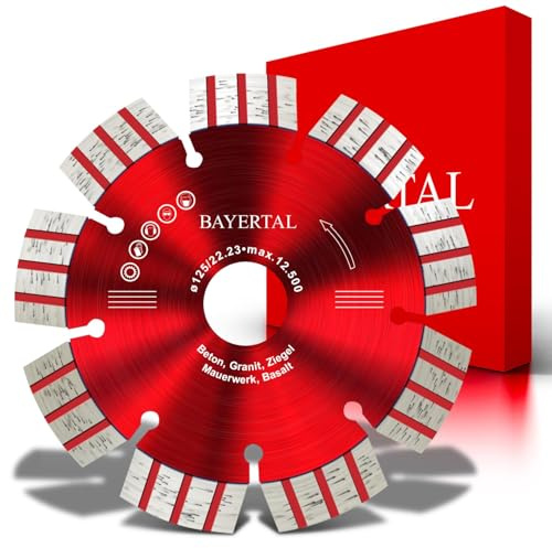 BAYERTAL® Diamanttrennscheibe 125 mm für Stein, Stahlbeton, Pflaster- und Natursteine, Klinker, Granit, Asphalt & Basalt – Turbo Diamantscheibe - 22,23 mm Aufnahme für Flex – Profi Qualität