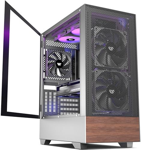 PCZZOI PC CASE ATX 3 Case Fans Pre-Installed, Mid Tower Computer Case with Tempered Glass, Printed Walnut Wood Panels,Support 360mm Radiator,Black Gaming Desktop Case (H3)