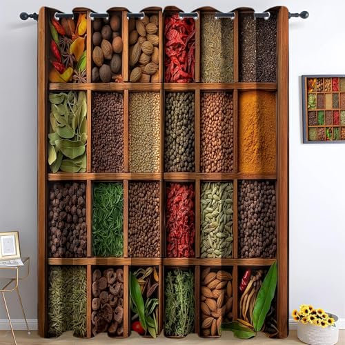 Genérico Cortinas Opacas Rejilla Madera con Especias Impresión 3D Salon Dormitorio Decoración De La Ventana, Cortinas Ollaos, Aislantes Frio Y Calo 2 Piezas 70An X 160Al Cm