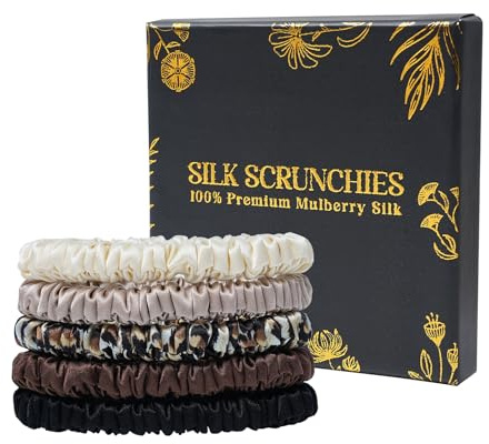 WELROG Set med 5 stycken 100 % mullbärssilke scrunchies för kvinnor silkeshårsnoddar för flickor elastisk silke hårsnoddar utan avtryck för smidigt hår