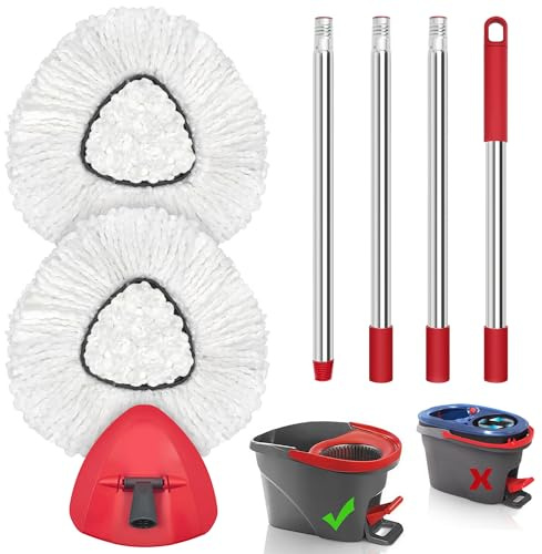JEHONN Spin Mop Replacement Heads, Base, Handle for Vileda Turbo, Includes 2 Microfiber Refills, 1 Triangle Cover and 148 cm Long Stick for Cleaning Bathroom Kitchen Tile Floor