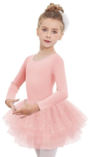 Arshiner Vestido de Tutú de Ballet para Niñas Malla de Manga Larga Traje de Baile de 4 Capas con Falda Brillante Traje de Ballet, Ropa de Baile para Edades de 2 a 3 años