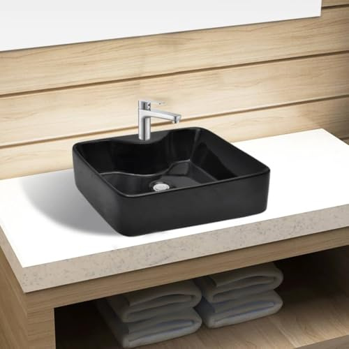 Lavabo da Appoggio in Ceramica, Design Quadrato Moderno con Foro Rubinetto, Nero Lucido per Bagno o Toilette, 480 x 370 x 135 mm
